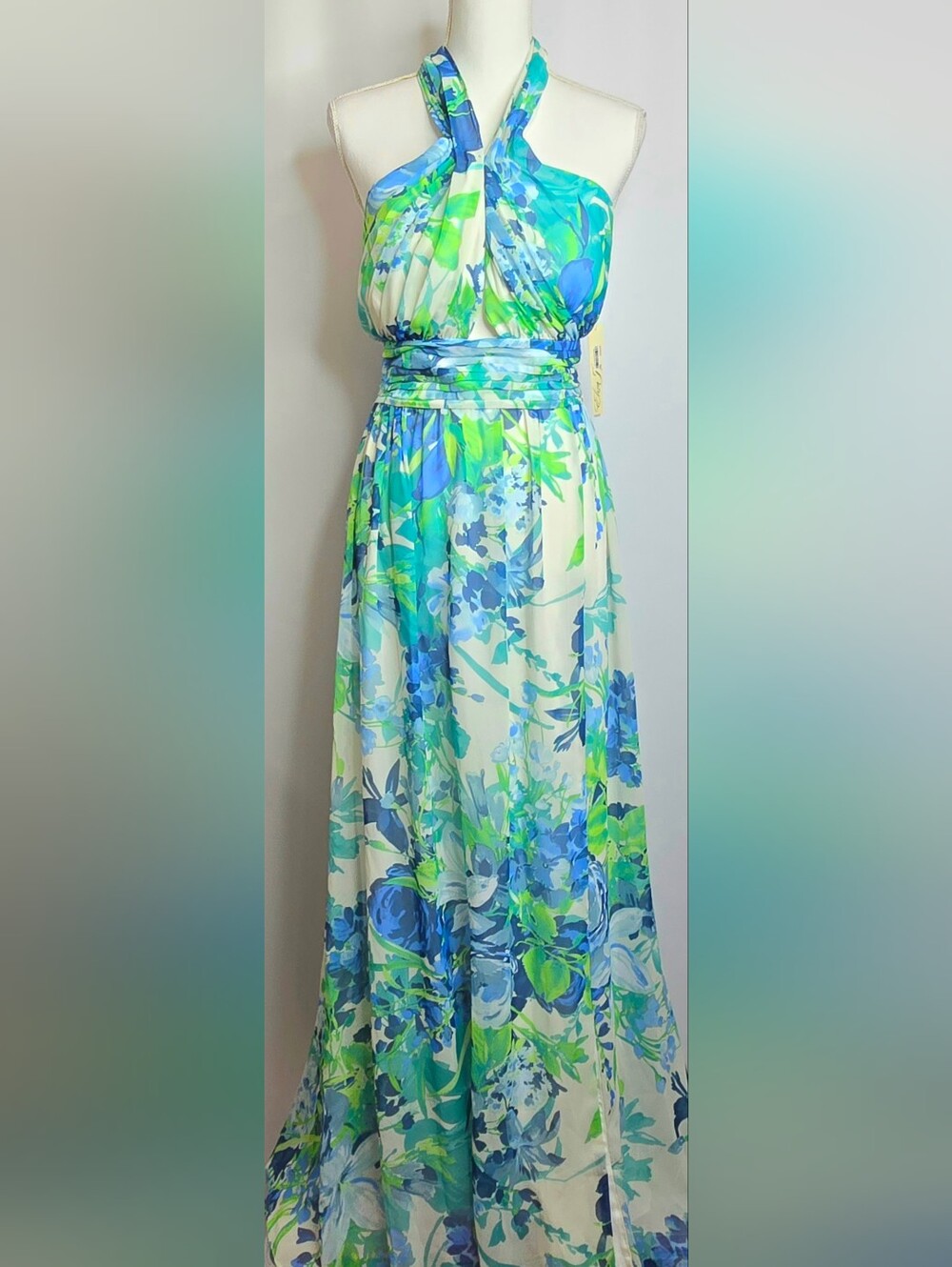 Eliza J Blue&Aqua Watercolor Floral Halter Maxi Wedding Guest Dress NWT Size 14
